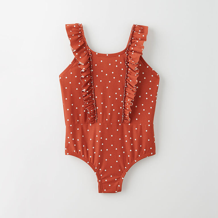 ruffle swimsuit, 5-6y - rust print