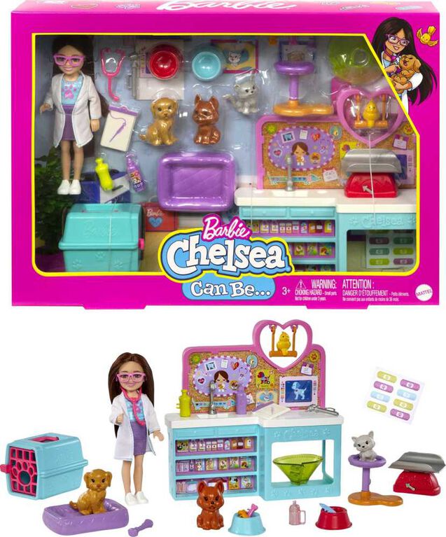 Barbie Chelsea Pet Vet Doll (Brunette) and Playset, 4 Animals, 18