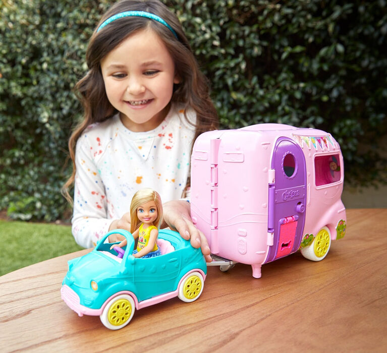 Barbie Club Chelsea Camper Playset with Chelsea Doll, Puppy, Car, Camper,  Firepit, Guitar and 10 Accessories, Gift for 3 to 7 Year Olds