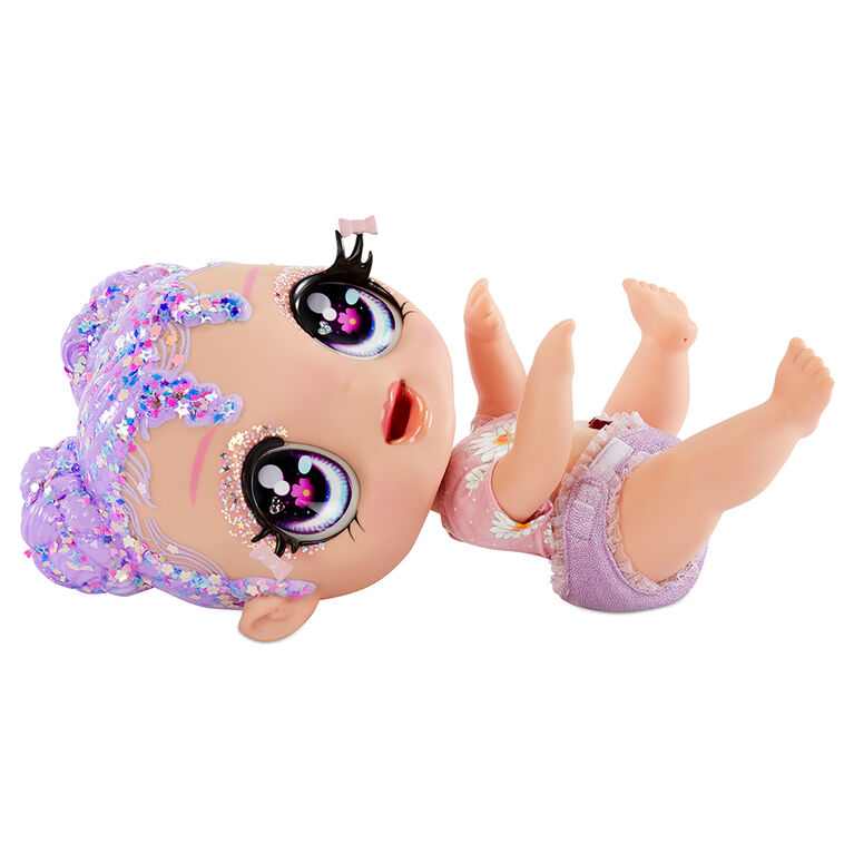 GLITTER BABYZ Lila Wildboom Baby Doll with 3 magical color changes/  lavender purple hair doll with flowers on the outfit and reusable diaper,  bottle