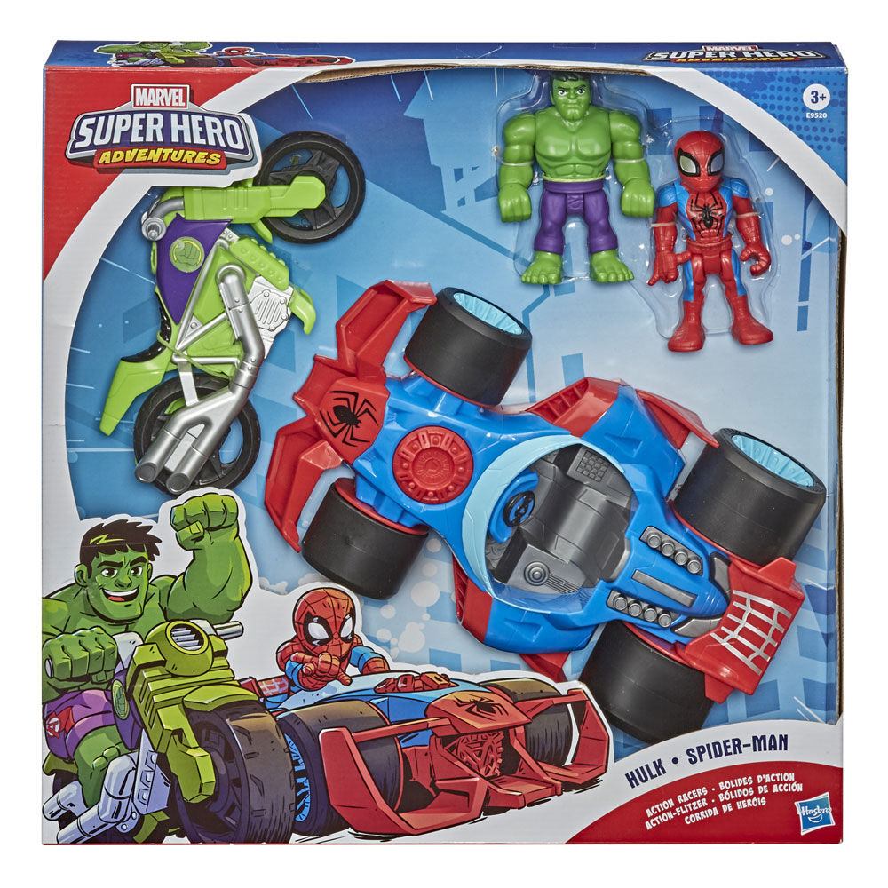 Playskool Heroes Marvel Super Hero Adventures 5 Inch Action Figure Toy Action Racers With Hulk Spider Man and 2 Vehicles R Exclusive