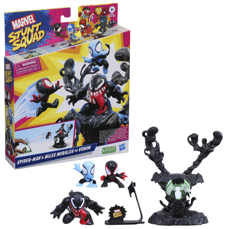 Marvel Stunt Squad Villain Knockdown Playset with Spider-Man, Miles Morales, and Venom 1.5 Inch Action Figures