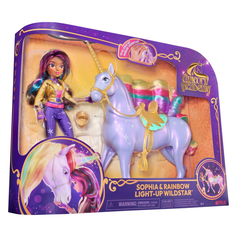 Unicorn Academy, Sophia & Interactive Rainbow Light-up Wildstar Unicorn, jouet licorne interactif avec effets lumineux arc-en-ciel, sonores et musicaux, poupées et jouets licornes