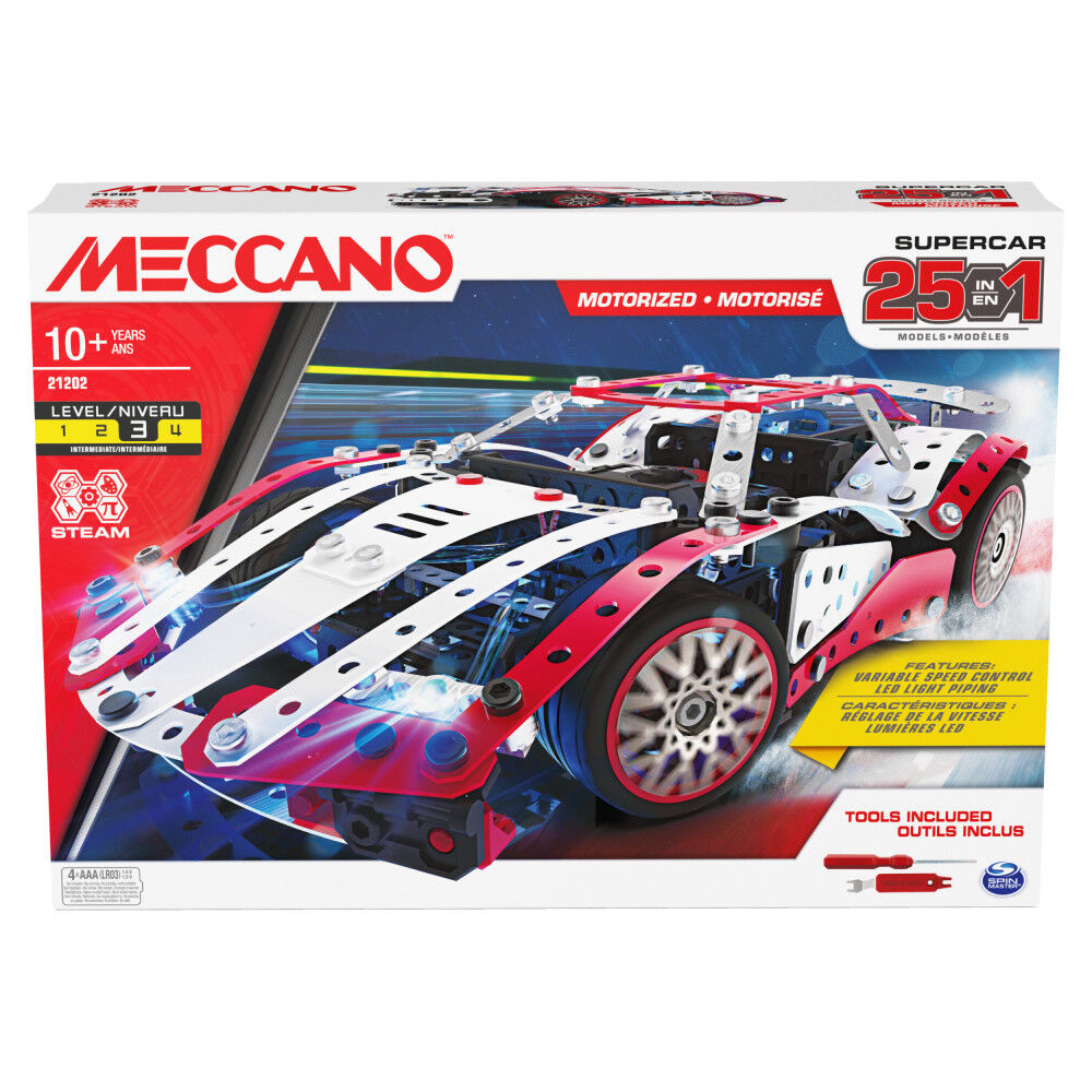 Meccano 25 in 1 Motorized Supercar STEM Model Building Kit with 347 Parts Real Tools and Working Lights