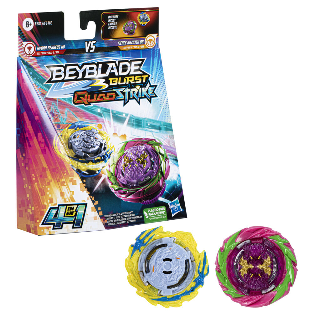 Beyblade Burst QuadStrike Fierce Bazilisk B8 and Hydra Kerbeus K8 Spinning  Top Dual Pack, 2 Battling Game Top Toy