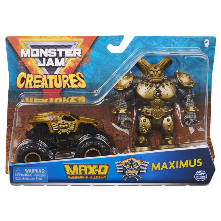 Monster Jam, Official Max-D 1:64 Scale Monster Truck and 5-inch Maximus Creatures Action Figure (Metallic Gold)