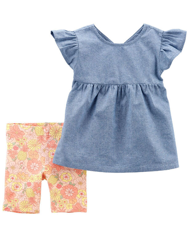 Carter's Two Piece Chambray Top and Floral Bike Shorts 24M