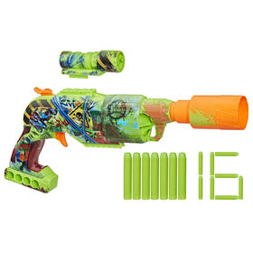 Nerf Zombie Driller, blaster à fléchettes, 16 fléchettes Nerf Elite, barillet rotatif 5 fléchettes, viseur amovible, jeux d'extérieur