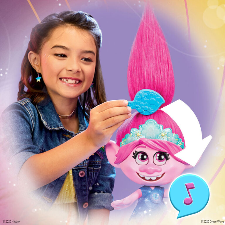 DreamWorks Trolls World Tour - Dancing Hair Poppy Interactive Talking Singing Doll with Moving Hair - French Edition