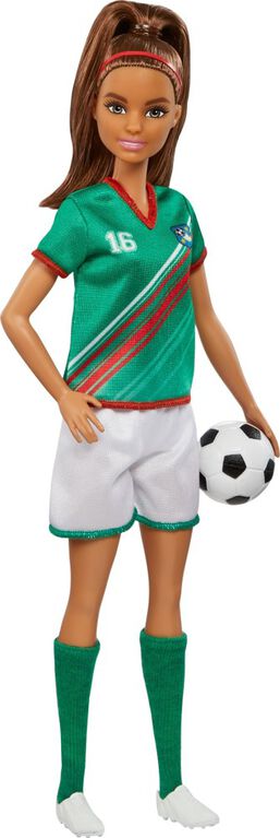 Barbie Soccer Doll, Brunette, #16 Uniform, Soccer Ball, Cleats, Socks, 3 & Up