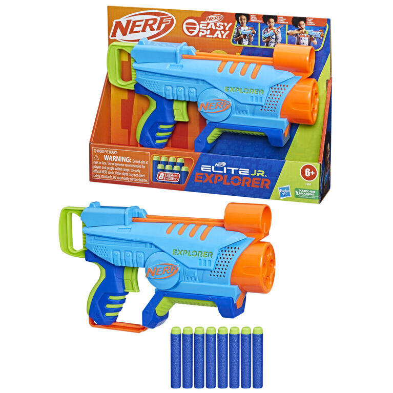 Nerf Elite Jr Explorer Easy-Play Blaster, Easy to Hold and Load and Blast,  8 Nerf Elite Darts, Toy Foam Blasters