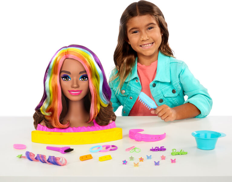 Barbie Deluxe Styling Head with Color Reveal Accessories and Wavy Brown Neon Rainbow Hair
