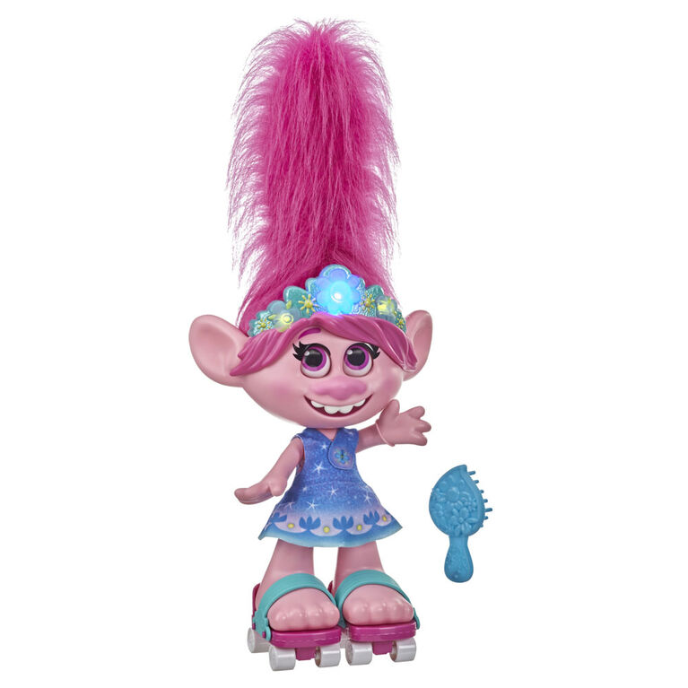 DreamWorks Trolls World Tour - Dancing Hair Poppy Interactive Talking Singing Doll with Moving Hair - French Edition