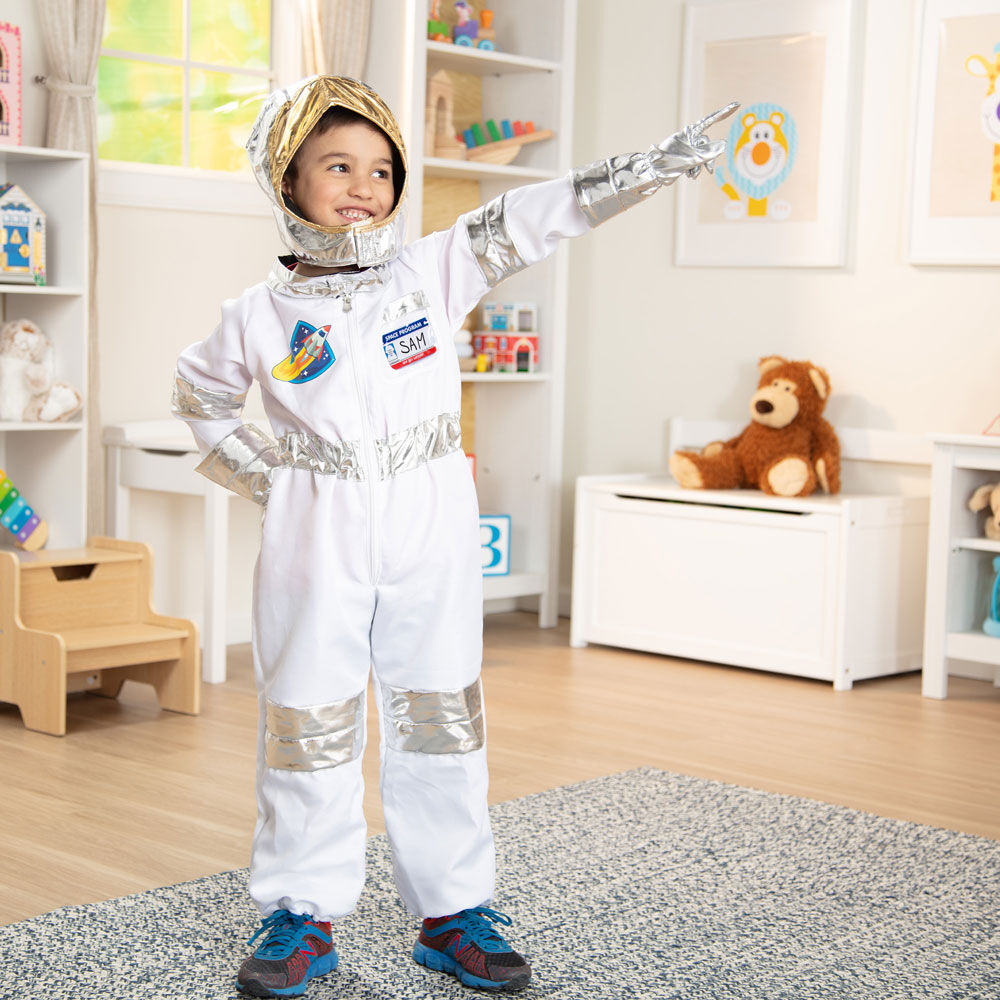 Melissa Doug Astronaut Role Play Space Costume Set 5 pcs Jumpsuit Helmet Gloves Name Tag