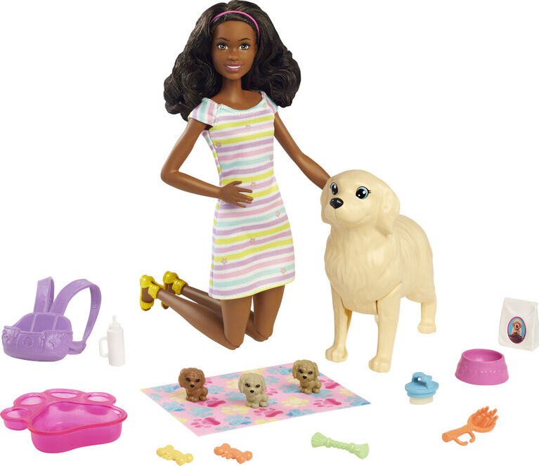 Barbie Famille coffret le Bain des Chiots, poupée brune et 3 figuri