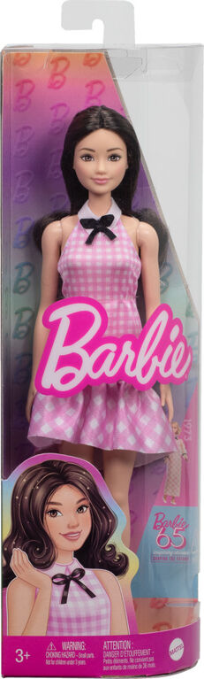 Barbie Fashionistas Doll #224 with Black Hair, Pink Gingham Dress & Accessories, 65th Anniversary