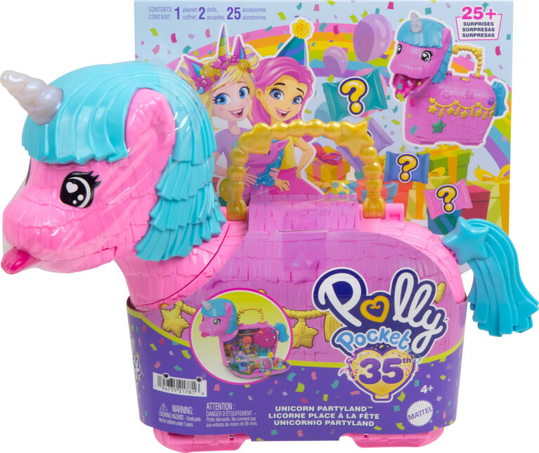 Polly Pocket Unicorn Partyland Playset with 2 Micro Dolls, Pets & 25+ Surprise Accessories, Birthday Celebration with Hot Air Balloon Ride