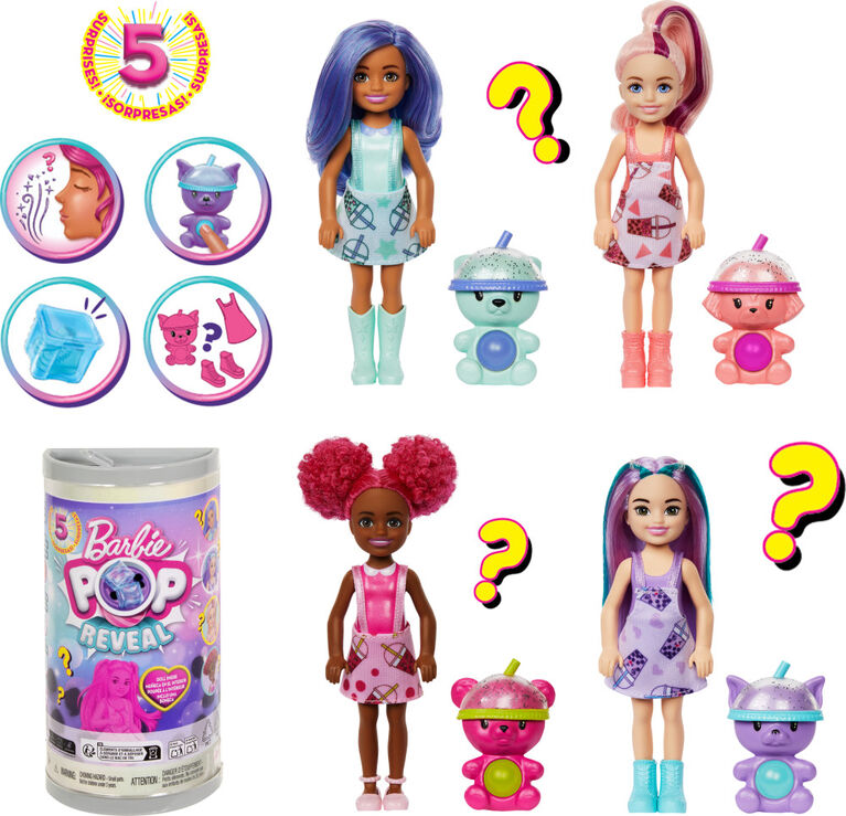 Barbie Chelsea Pop Reveal Bubble Tea Series Doll in Tea Can-Inspired Package with 5 Surprises, Scented (Styles May Vary)