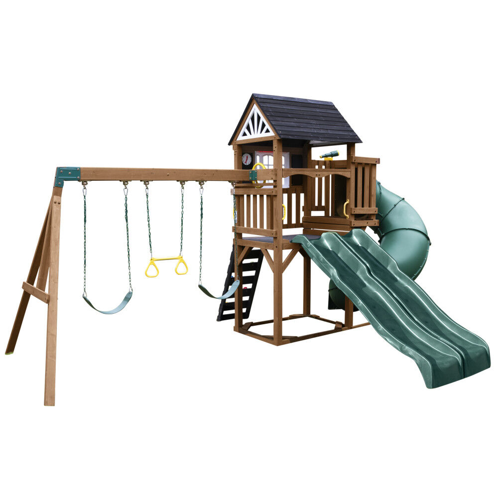 KidKraft - Timberlake Wooden Swing Set / Playset with 3 Slides, 3 Swings  and Clubhouse