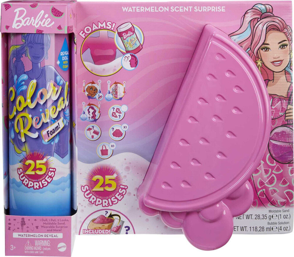 Barbie Color Reveal Foam! Doll, Watermelon Scent, 25 Surprises