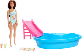 Barbie Doll and Pool Playset, Brunette with Pool, Slide, Towel and Drink Accessories