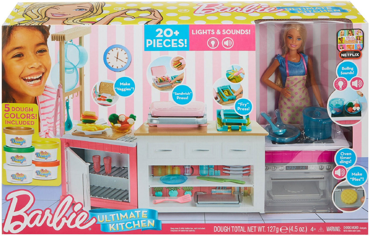 barbie ultimate kitchen cooking & baking playset with chef doll