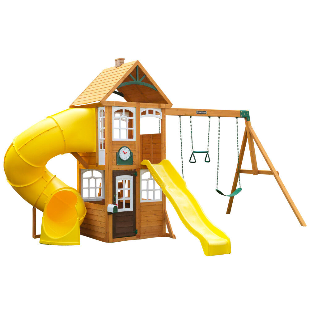 KidKraft - Castlewood Wooden Swing Set / Playset with Clubhouse, Mailbox,  Slide and Play Kitchen - R Exclusive