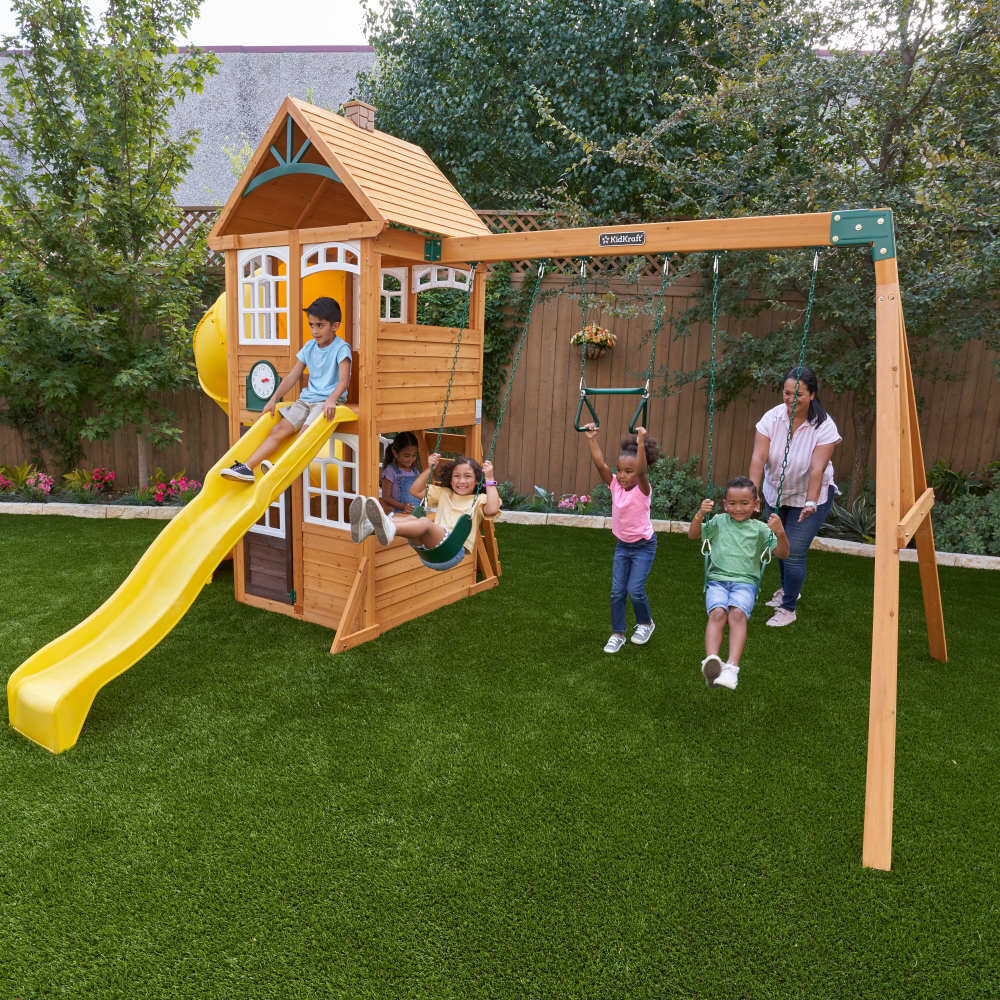 KidKraft - Castlewood Wooden Swing Set / Playset with Clubhouse, Mailbox,  Slide and Play Kitchen - R Exclusive