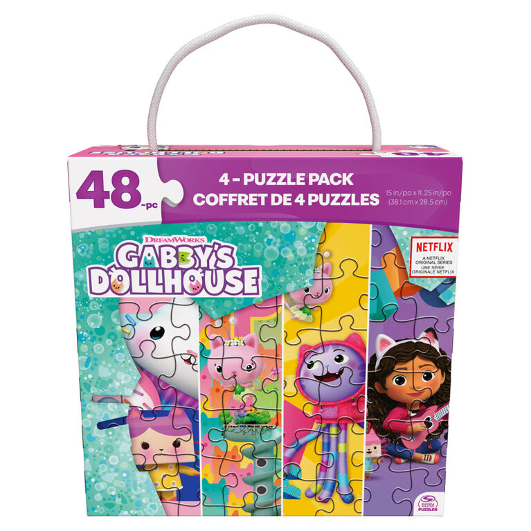 Gabby's Dollhouse, Coffret de 4 puzzles de 48 pièces faciles à assembler, série originale Netflix, avec boîte cadeau portable à poignée en corde