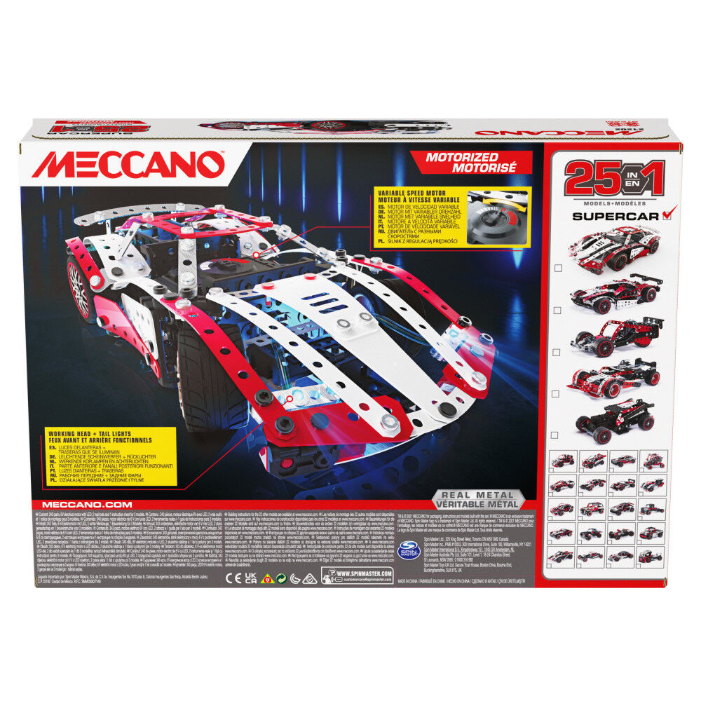 Meccano, 25-in-1 Motorized Supercar STEM Model Building Kit with