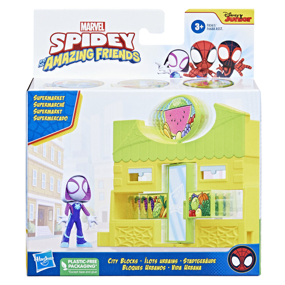 Marvel Spidey and His Amazing Friends City Blocks Ghost Spider Supermarket,  Kids Playset with Action Figure