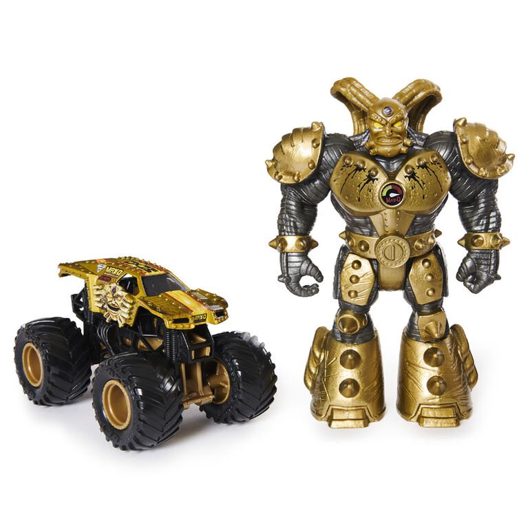 Monster Jam, Coffret monster truck Max-D à l'échelle 1:64 officiel et figurine articulée Maximus Creatures de 12,7 cm (or métallique)