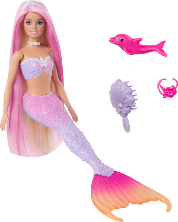 Barbie Malibu Poupée Sirène à changement de couleur, dauphin, acc.