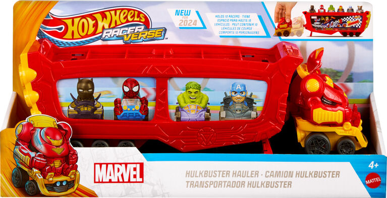 Hot Wheels RacerVerse Marvel Hulkbuster Hauler, Stores Up to 10 Toy Cars, Detachable Cab with Flip-Up Helmet & Non-Removable Figure