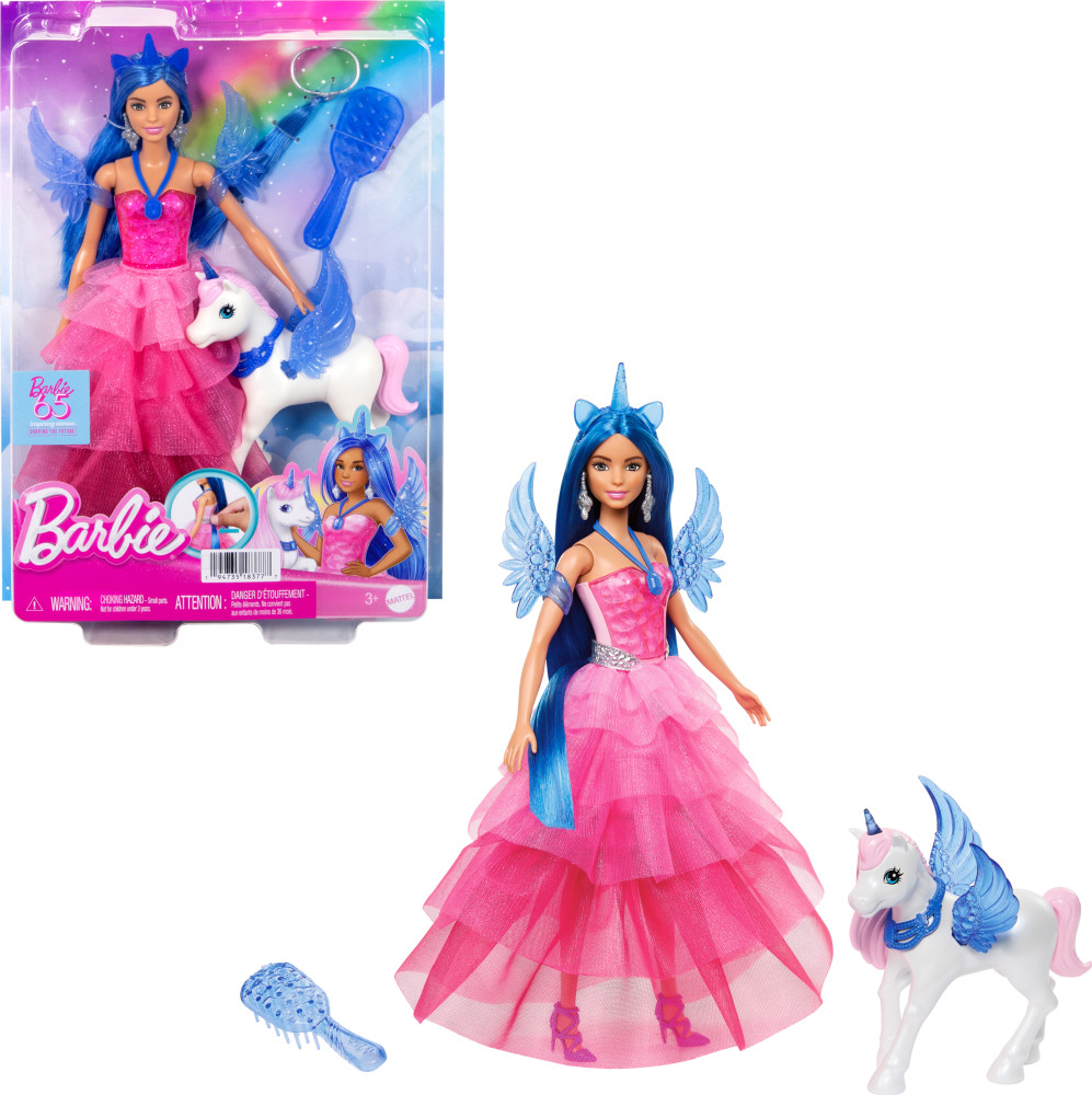 Barbie Unicorn Toy, 65th Anniversary Doll with Blue Hair, Pink Gown ...