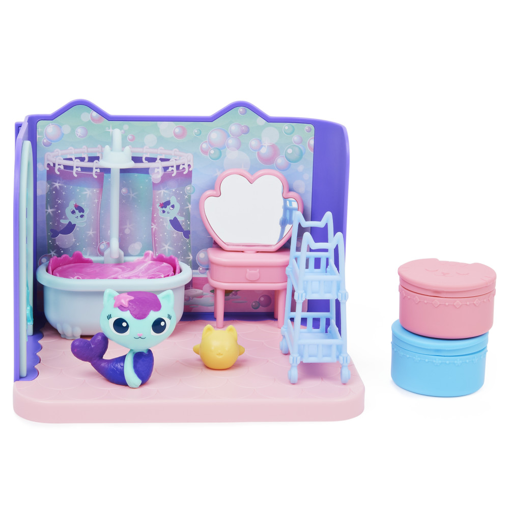 DreamWorks Gabby's Dollhouse, Primp and Pamper Bathroom with MerCat Figure, 3  Accessories, 3 Furniture and 2 Deliveries