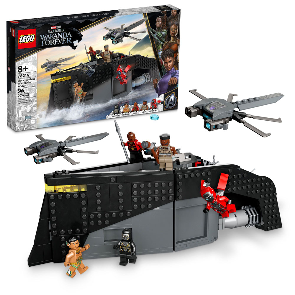 pour Lego 76214 la Guerre sur l’Eau - Navire, Bateau Black Panther - avec 5  minifigs Super Heros Film - Set Jeu Construction et Carte