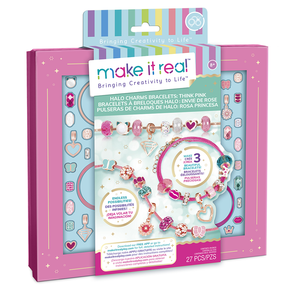 Make It Real: Halo Charms 2-in-1 True Blue & Think Pink DIY Jewelry Kit -  Create 6 Bracelets, 56 Pieces, Tweens & Girls Ages 8+ 